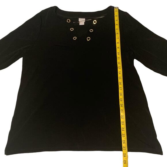 CHICO'S Travelers Top Sz 3 16 / 18 Grommets Black Slinky Split-Neck 3/4 Sleeves - Picture 4 of 8